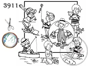 3911, Aunt Martha's® Vintage Embroidery, Transfer Pattern, Hot Iron Transfers, Little Boy, Tea Towels
