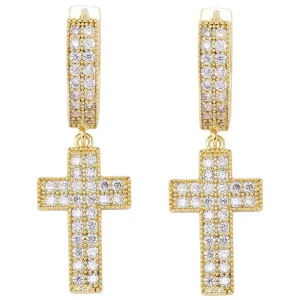 Diamond Cross Hoop Earrings in Yellow Gold