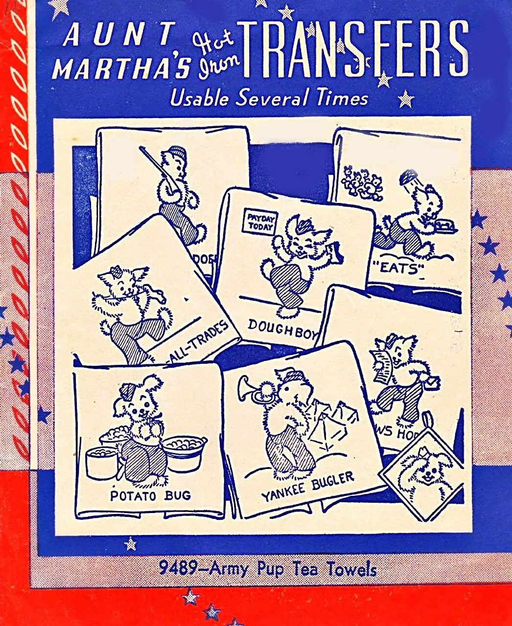 Embroidery, Transfer Pattern, Aunt Martha's, 9489, Army Pup, Tea Towels