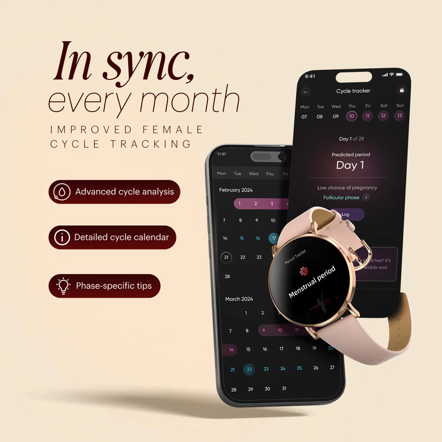 Noise Diva 2 Fashion Smart Watch for Women - Sleekest Dial, 36mm AMOLED Display, Snug Fit, Improved Female Cycle Tracker, BT Calling, Sleep Tracking, AI Voice Assistant, Password Protection-Black Link